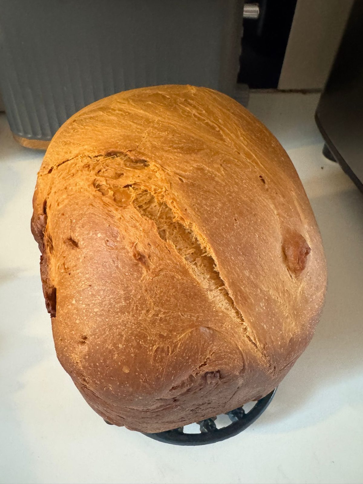 A golden, domed brioche loaf resting on the rack of a breadmaker