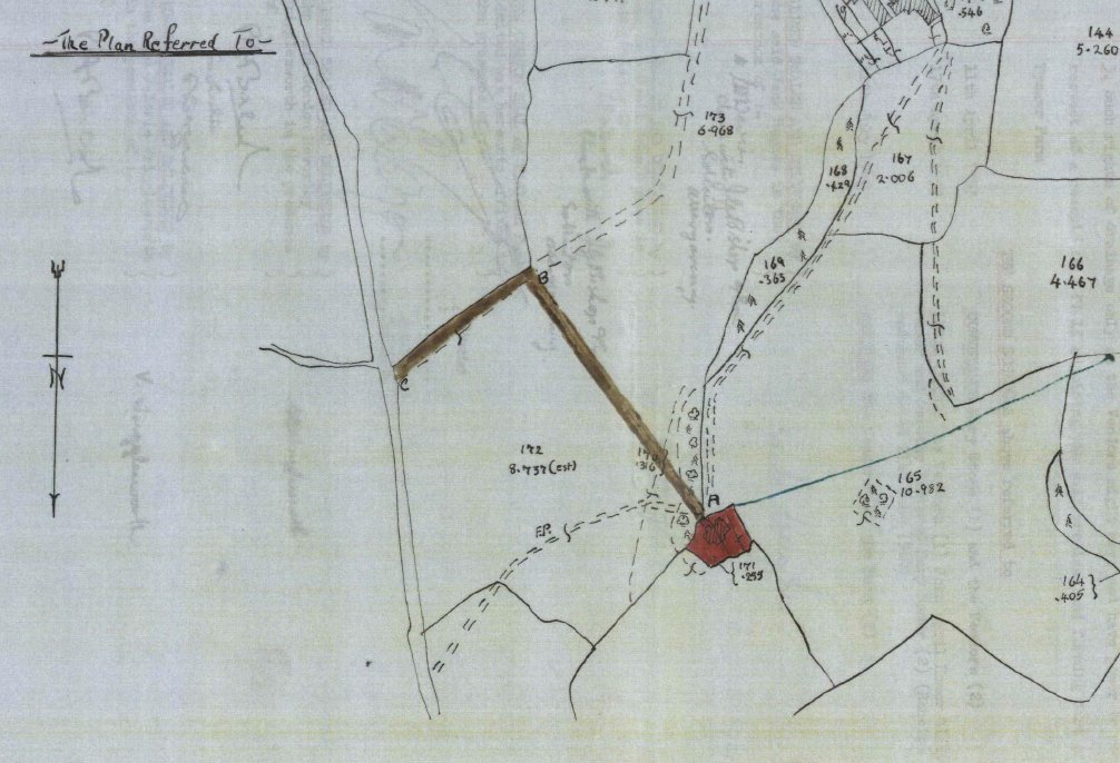 The hand-drawn plan from the 1960 conveyance: the cottages shown as a single red-shaded plot marked A, with a right-of-way coloured brown running up to points B and C, and the water supply drawn as a blue line across the neighbouring fields