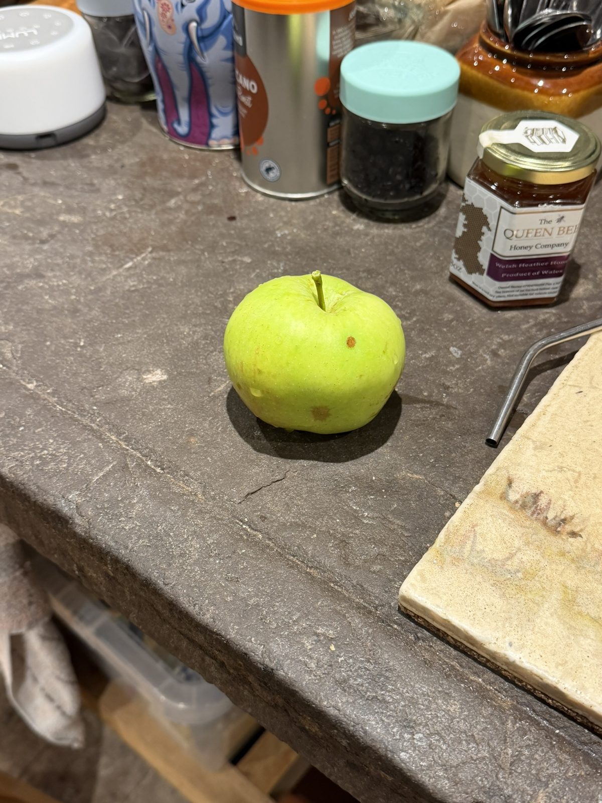 A single bright green apple, the first from the No. 2 garden, resting on the slate kitchen worktop