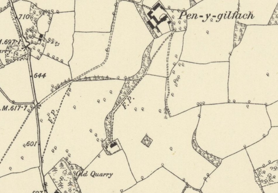An extract from the 1887 Ordnance Survey map showing Pen-y-gilfach, its buildings, the footpaths winding up to the farm, and an old quarry below