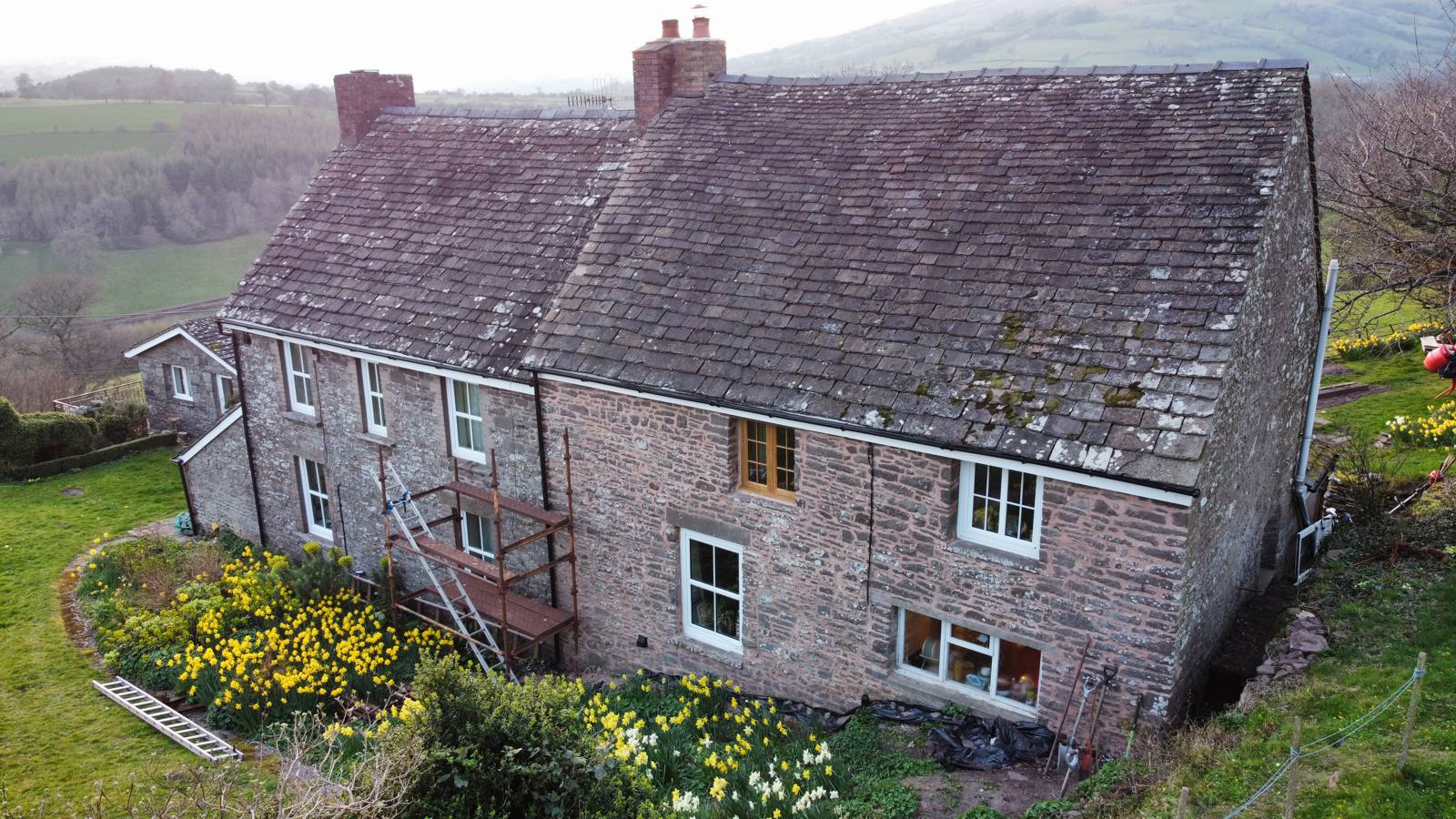 Pengilfach Cottages and the surrounding valley in spring 2022