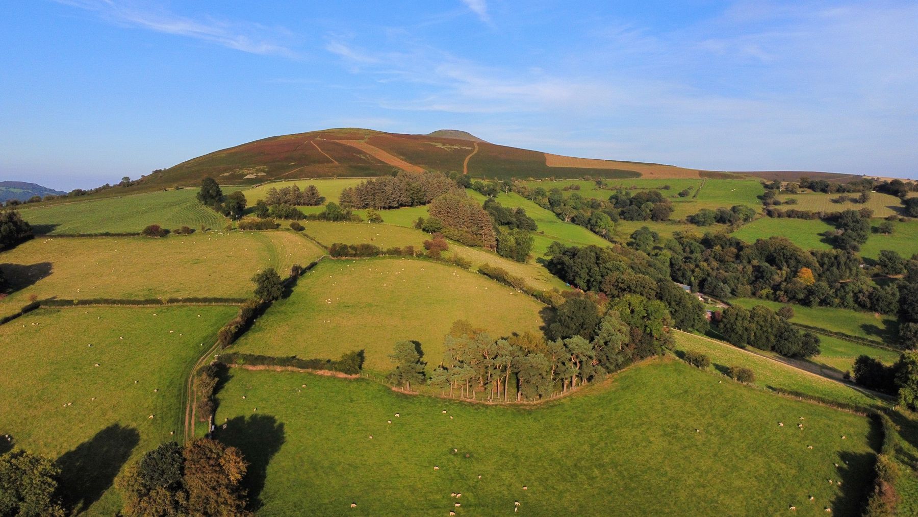 Drone view from the cottage of the Sugarloaf, Pen-y-Fal, in September light
