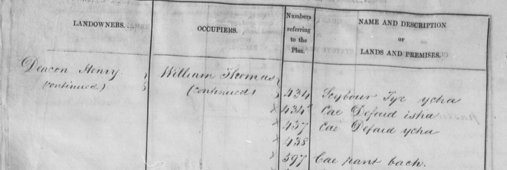 A handwritten row from the tithe apportionment schedule, listing parcel 434 'Scybour Tyr ycha', with its landowner and occupier
